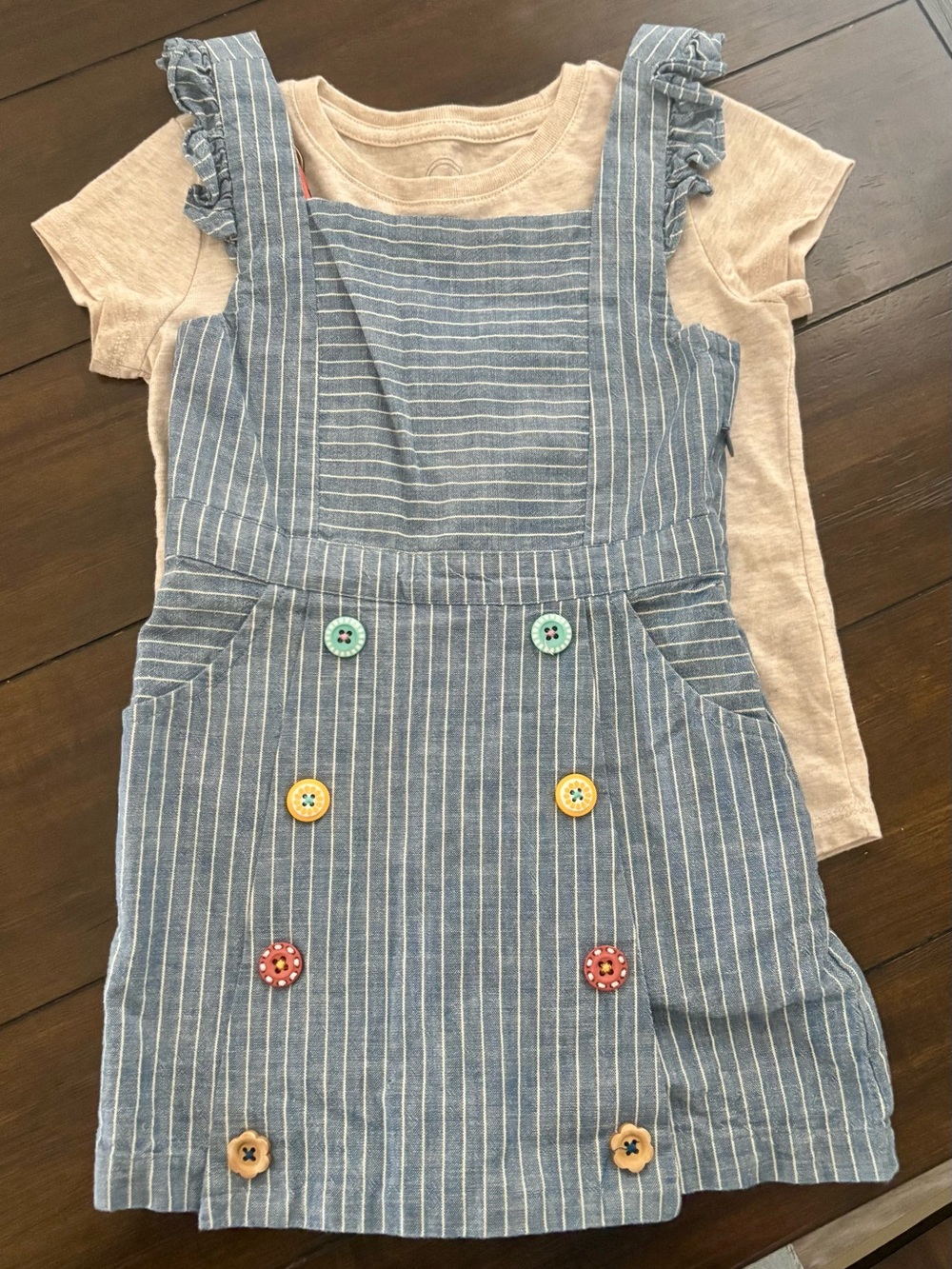 Matilda Jane Striped Blue Pinafore Dress Jumper with Colorful Button 4
